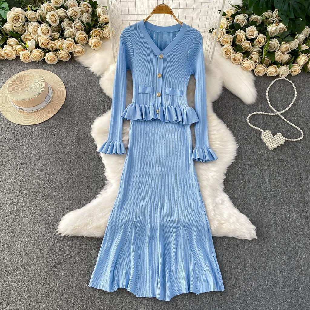 Autumn Winter Women Elegant V-neck Knitted Sweater Metal Button Christmas Party Long Midi Fishtail Dresses