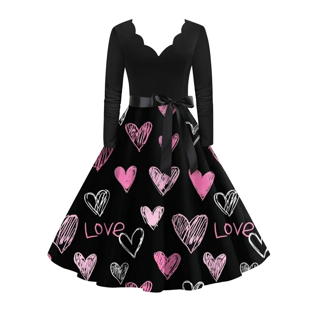 Women's stylish and elegant long,sleeved V,neck heart,shaped dress for Valentine's Day