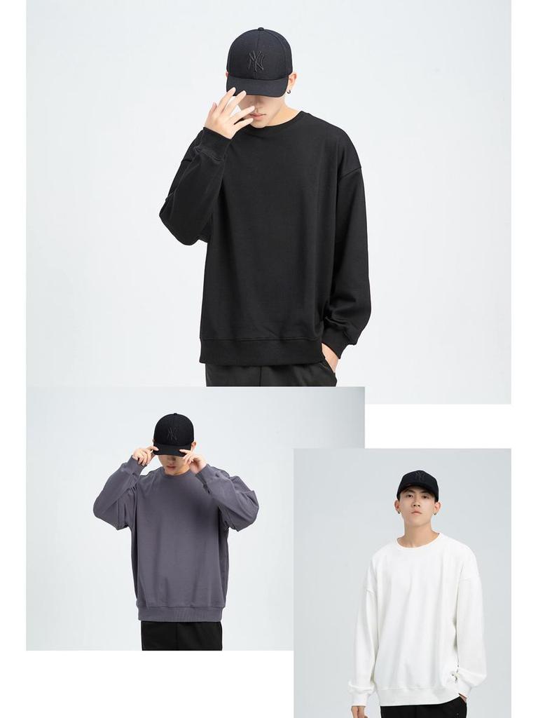 Men's Heavyweight Fleece-Lined Crew Neck Sweatshirt - Loose Fit, Solid Color, Long Sleeve.