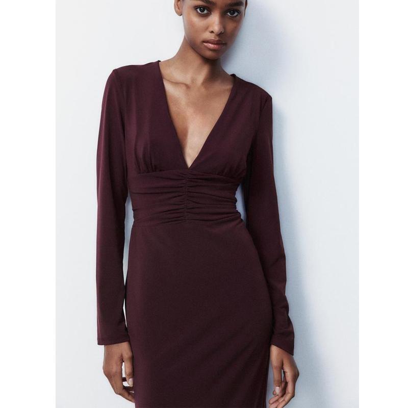 Fall and Winter New Women's Clothing New Year Christmas Dress Ruched Decoration Midi Skirt Long Dress 3152304