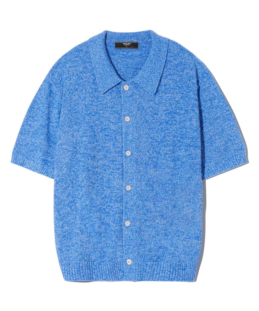 TRILLION Washable Boucle Collar Short Sleeve Knit (Melange Blue)