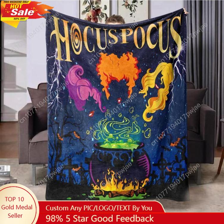 Hocus Pocus Themed Flannel Blanket 1 Count Soft Washable Throw Blanket Bedding Supplies For Home Office Travel Custom Blankets