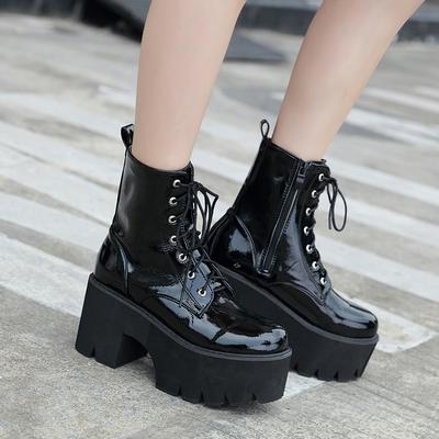 Sexy Frau Spitze Herbst Stiefel Damen Chunky Wedge Plattform Schwarz Lackleder Stiefeletten Punk Goth