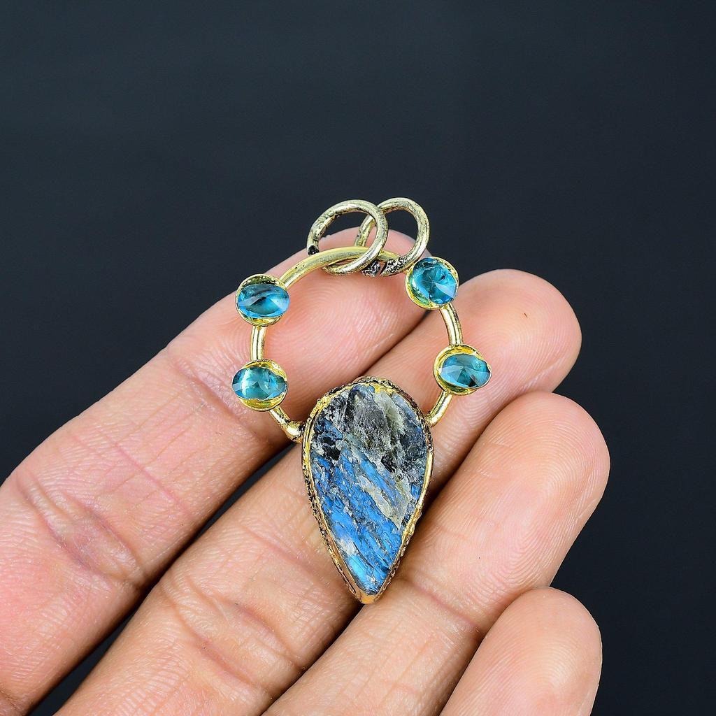 Neonblauer Apatit Edelstein Anhänger Kupfer Elektrogeformter Schmuck, Handgefertigter Antiker Anhänger Schmuck, Geschenk für Mutter