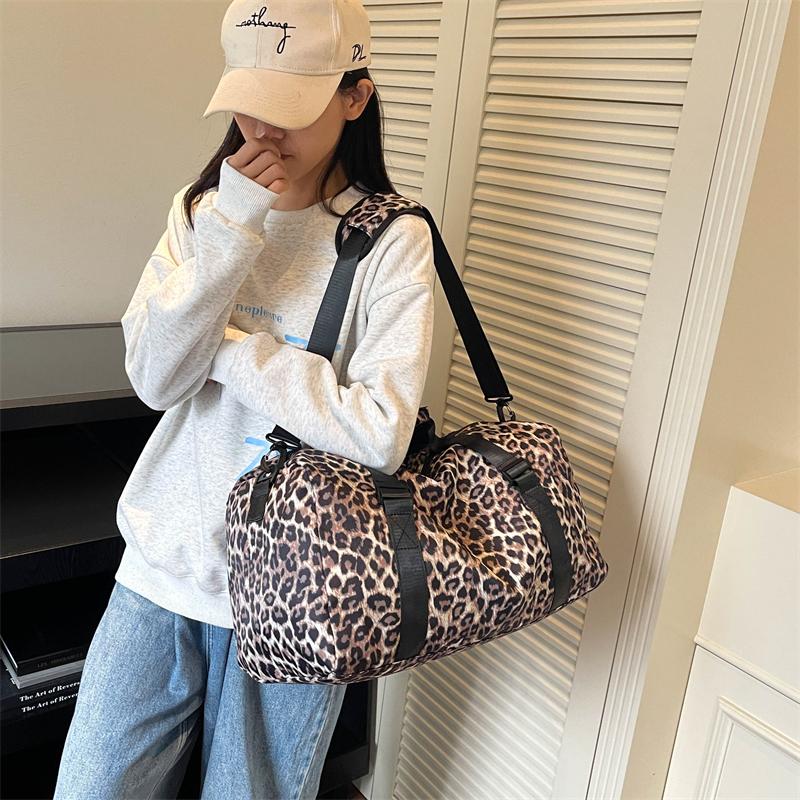 Large Capacity Leopard Print Travel Duffel Bag with Multiple Compartments, Shoe Compartment, Durable Nylon Casual Sports Gym Bag for Women