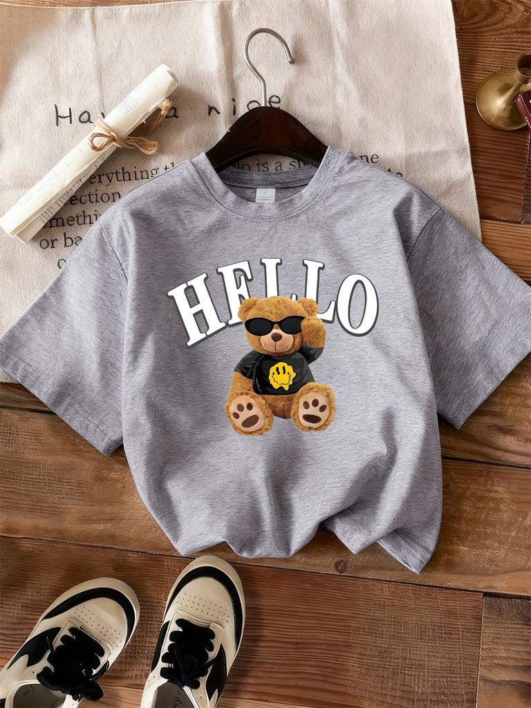 Cute Bear Says Hello Printed TShirts Women Casual Soft Short Sleeve Tops Loose ONeck T Shirts Summer Comfortable Woman Clothes