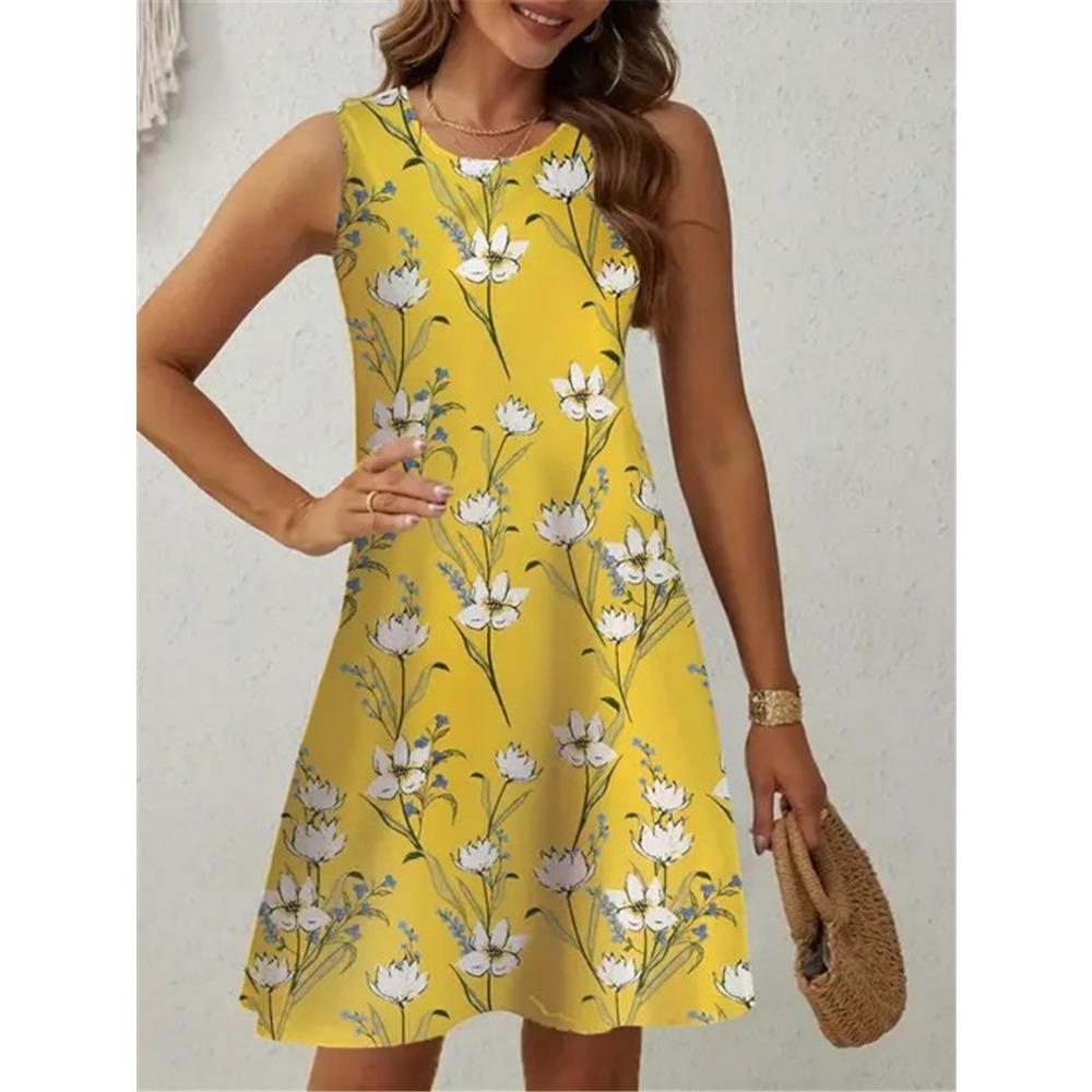 

Casual Yellow Floral Dress Women Sleeveless Soft Sundress Fresh Flower Graphic Summer Daily Wear Clothing Female Trendy New S
