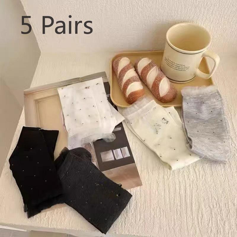 5 Pairs of Spring and Summer Polka Dot Lace Mid-calf Socks, Ballet-style Pile Socks, Teenage Mid-calf Socks