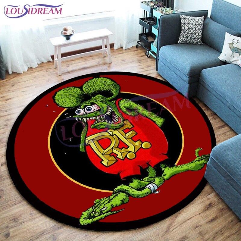 Tappeto Rotondo Garage Hot Rod Rat Fink Retrò, Tappetino Decorativo Artistico Personalizzato, Tappeto da Area Lavabile Antiscivolo per Camera da Letto e Ufficio