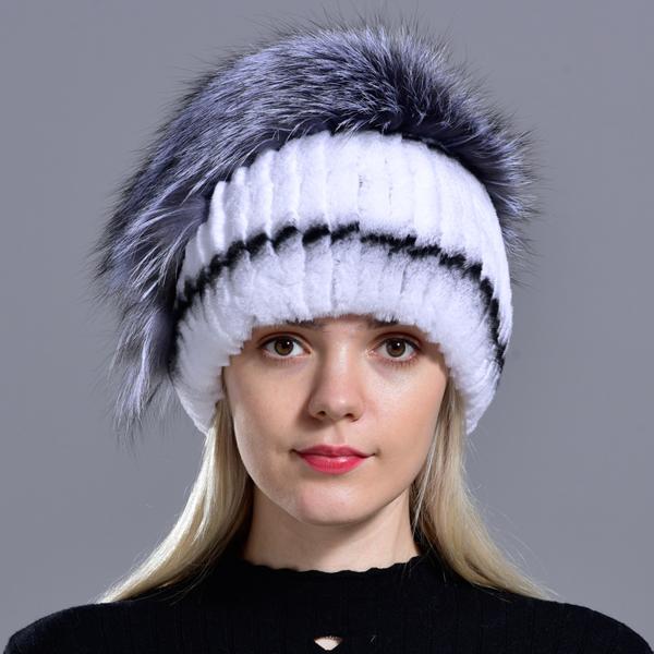 

Шапки из натурального меха Женские Шапка из меха кролика рекс с цветочным узором Шапка из меха лисы с помпоном Натуральные зимние шапки Вязаные теплые Модные шапки-бини