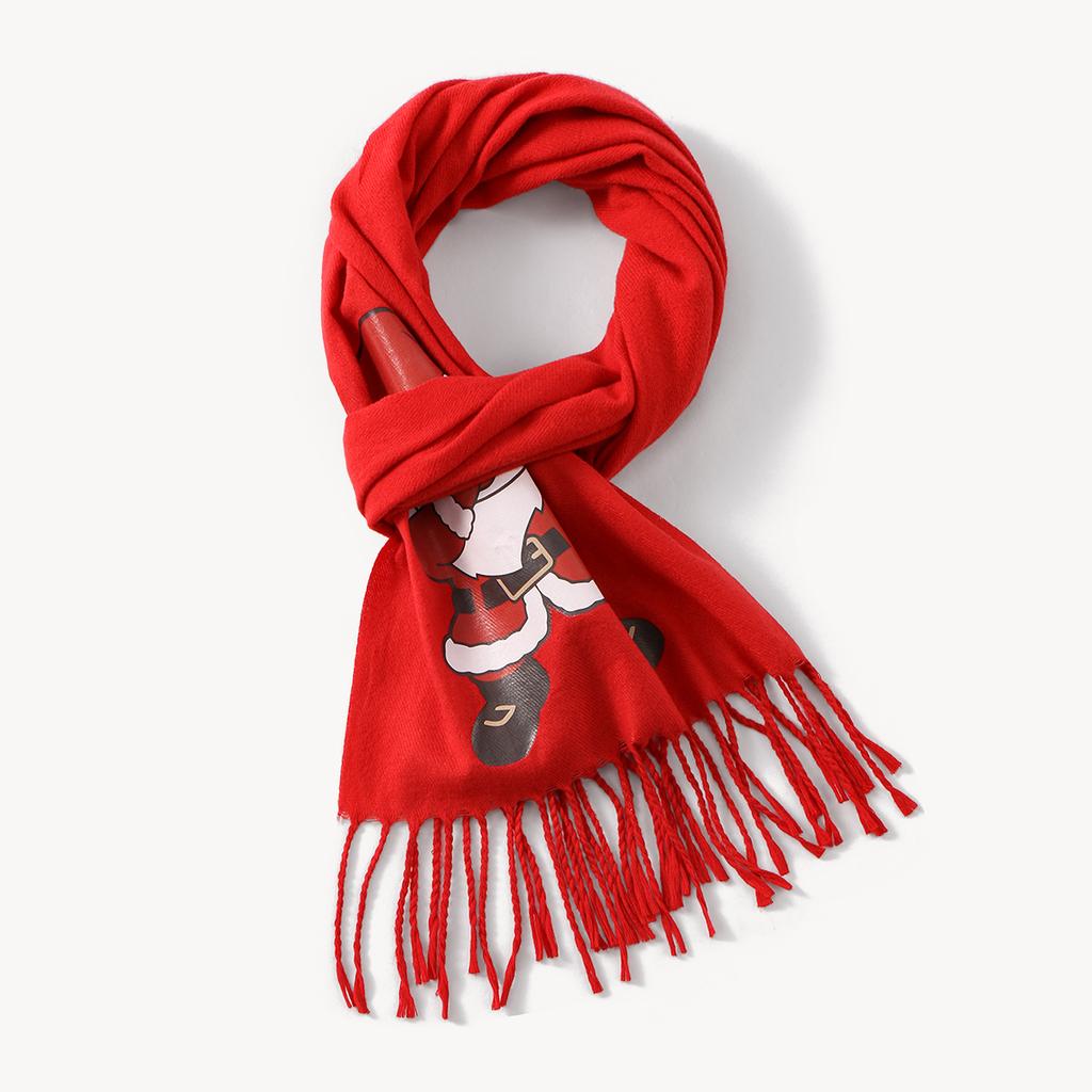 Winter Christmas Cute Elk Printed Shwal Cashmere Tassel Warm Scarf For Women Fashion Red Thick Blanket Pashmina Wrap 183*30Cm