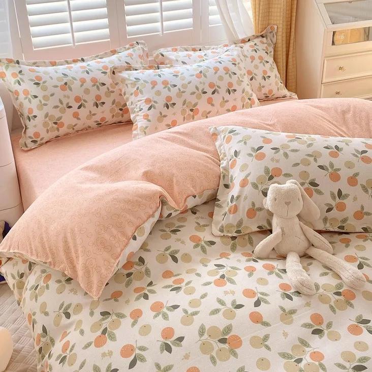 Skin-Friendly Twill Fabric Bed Sheet Four Piece Set Ab Double-Sided Color Blocking Bedding Sets Flower Printed Quilt Cover