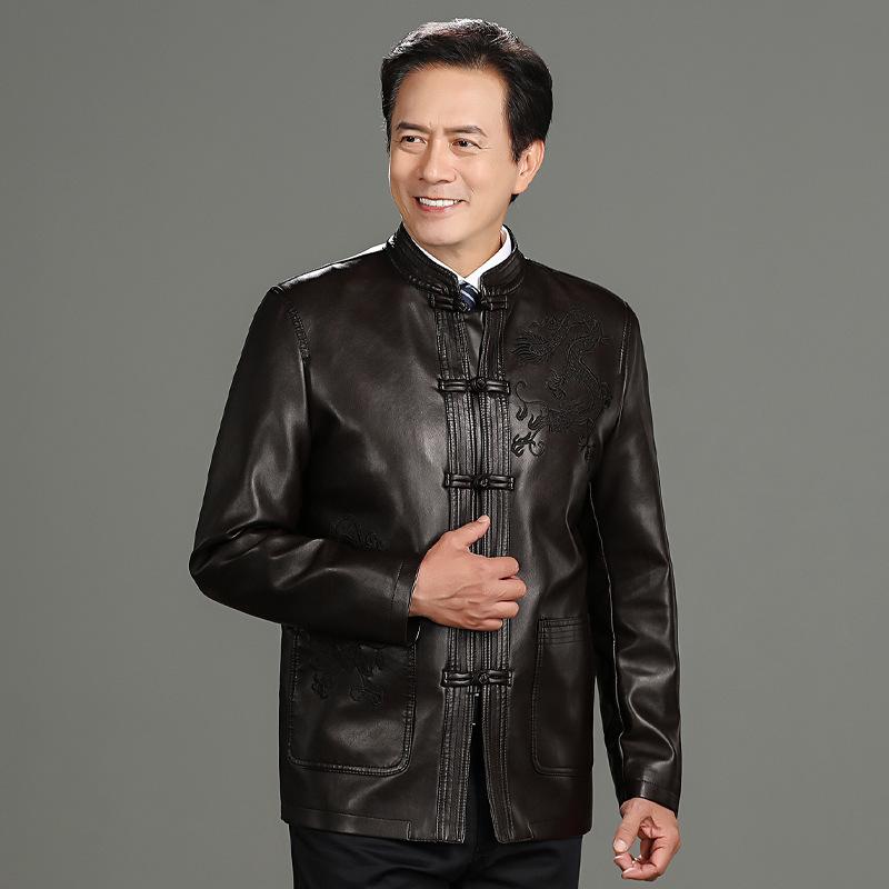 Middle-aged and elderly men's clothing Chinese ethnic style Tang suit embroidered disc buckle men's leather jacket dad grandfather clothing