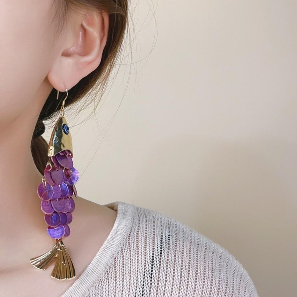 Personality Fish-shaped Earrings Scaly Dangle Earrings Imitation Shell Tassel Earrings  Festival