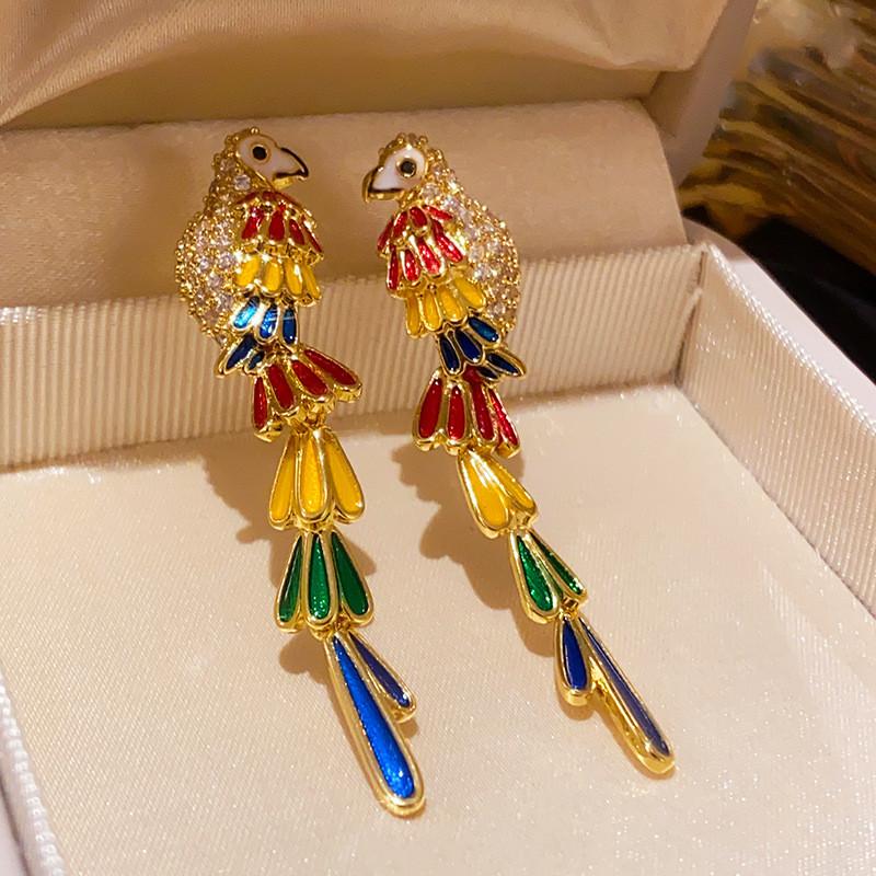 Pinkdudu Parrot Zirconia Drop Earrings Colorful Long Dangles Light Luxury Dopamine Jewelry for Women PD2556