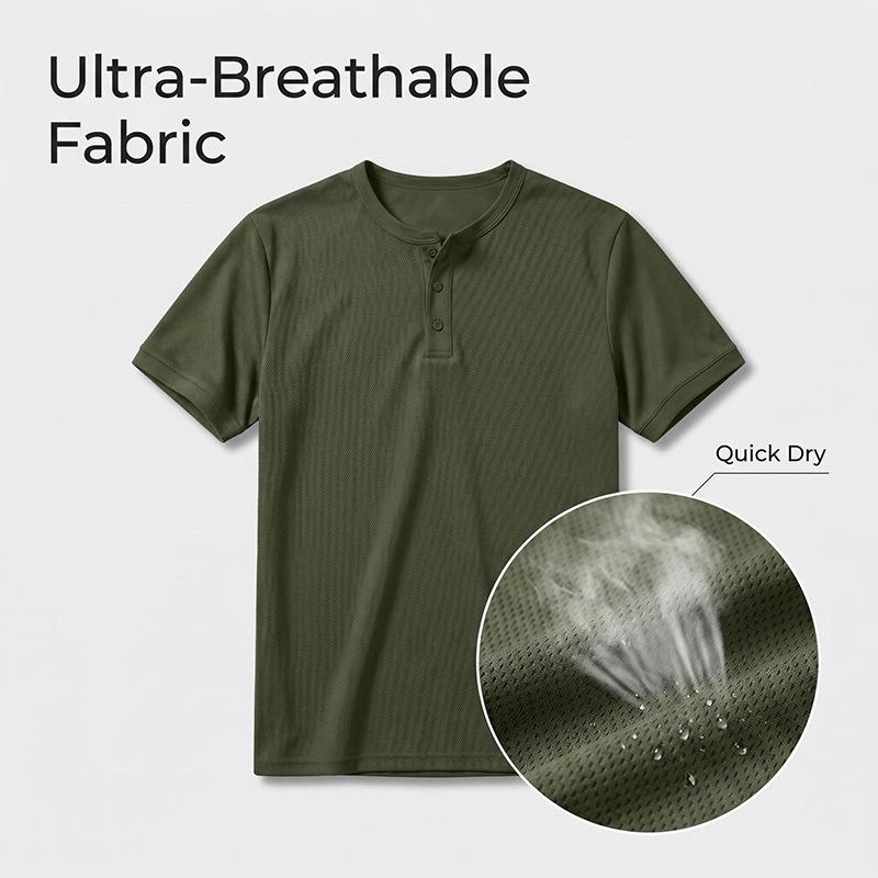 Men's Quick-dry Henley Collar Eyelet Fabric Short Sleeve T-shirt