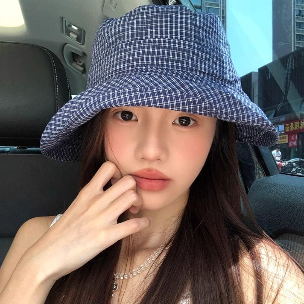Curled Plaid Bucket Cap Quick-dry Fisherman Caps Ins Plaid Sun Hat  for Women