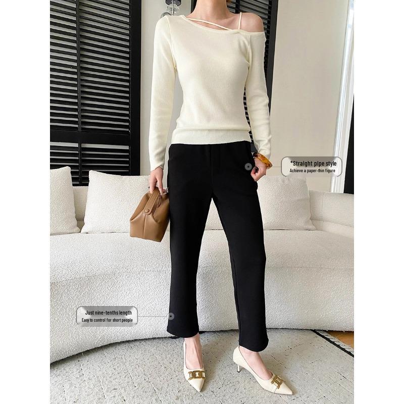 Sinan Petite High Waist Elastic Baguette Pipe Straight Leg Slimming Cropped Casual Pants - Early Spring Style (SN8548) XL чёрный