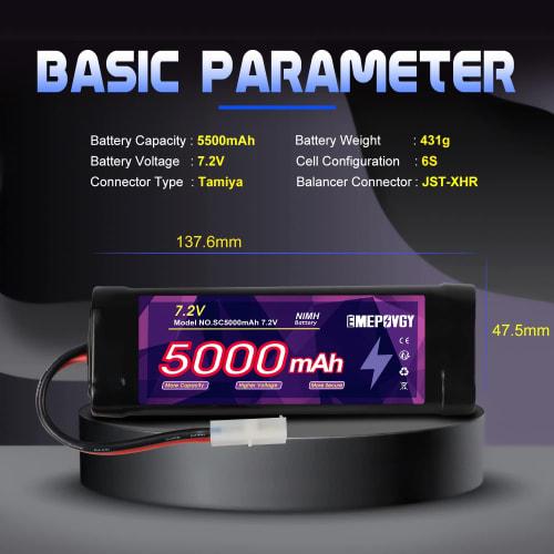 7.2V Nickel-Metal Hydride Battery, 5000mAh High-Capacity, with Tamiya Plug, Compatible with a Wide Range of RC Cars and Trucks, CE, RoHS, MSDS, and UN