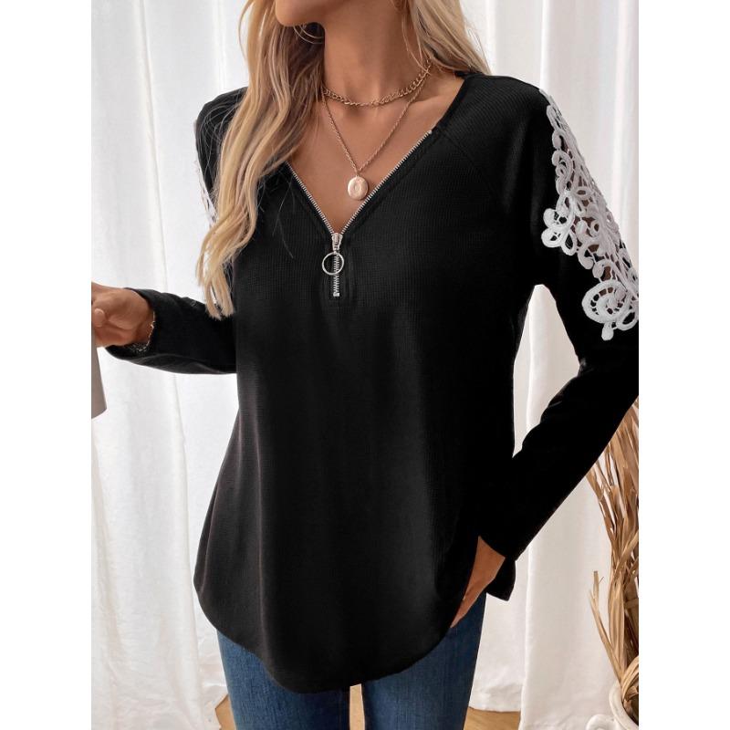 Autumn Winter Personality Loose Casual Embroidery Zipper Tee Women Long Sleeve All-match Pullover T-shirt Top