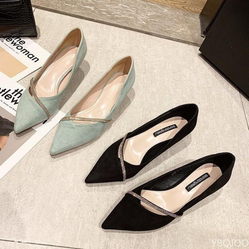Fashion 2025 Women's One Word Oblique Strap New Pointed Low-heeled Shoes Ladies All-match Small Fresh Rhinestone Shoes Zapatos Pumps