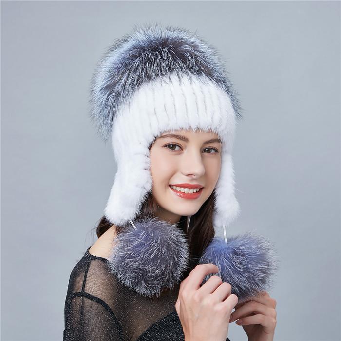 Autumn and winter new women's mink hair hat mink thunder hat ear hat head full silver fox fur ball hat