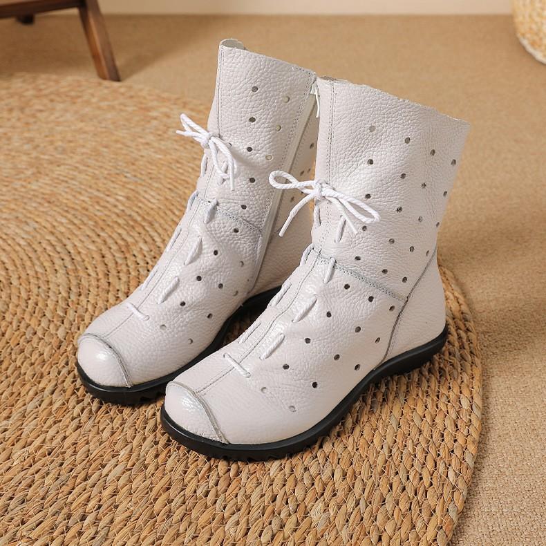 

Medium tube white hollow women s leather boots thin summer breathable soft bottom first layer cowhide round head side zipper 42 белый