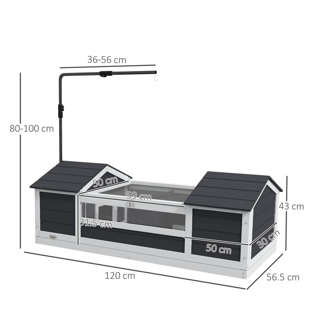 Exterior terrestrial turtle house, turtle enclosure with 2 compartments, adjustable lamp stand, solid wood, 120 x 56.5 x 43 cm, gray