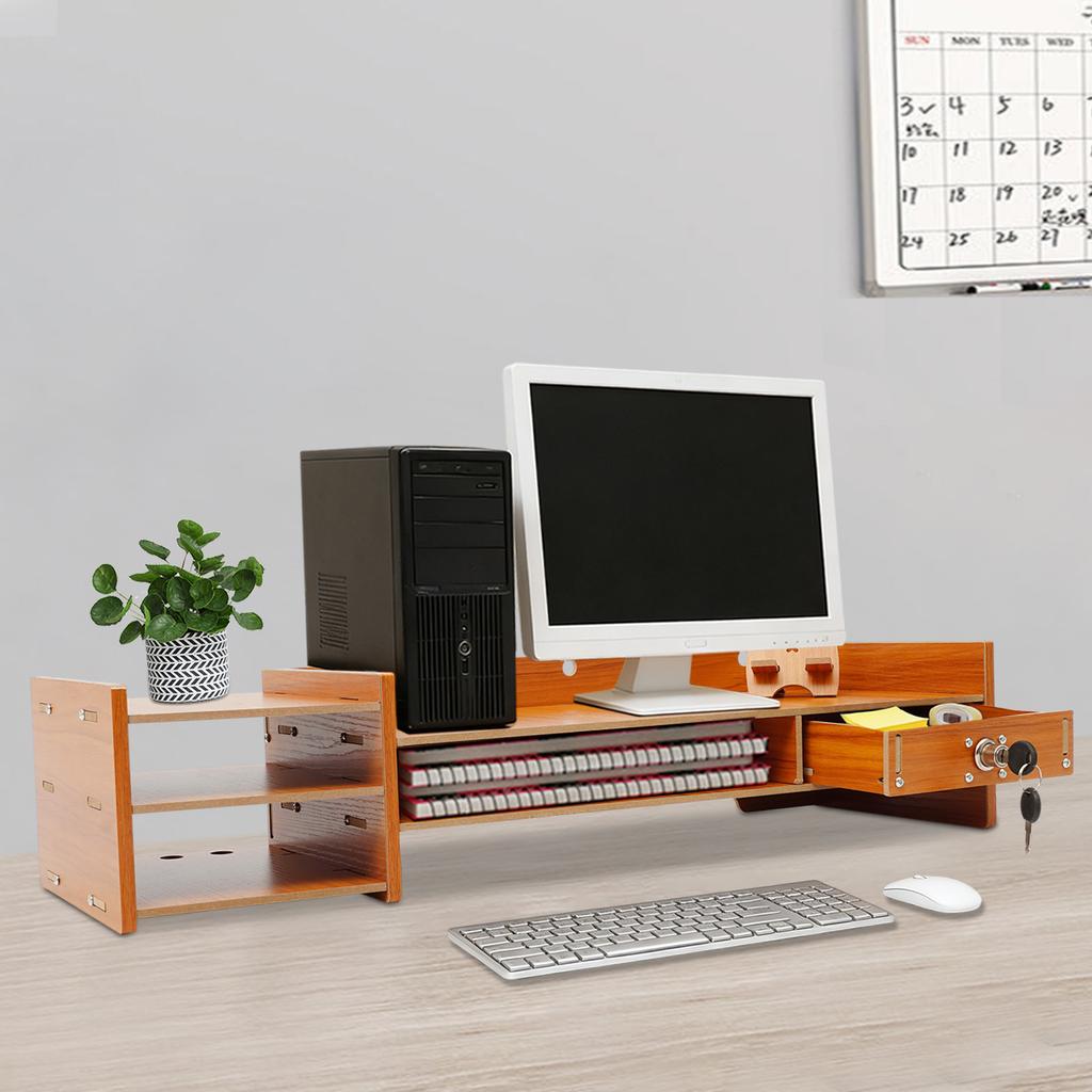 Nowoczesny Drewniany Stojak na Monitor z Zamykaną Szufladą i Uchwytem na Telefon, Oszczędzający Miejsce Organizer MDF na Biurko do Domowego Biura, Łatwy Montaż