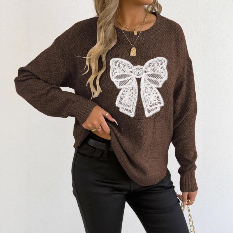 Women S Round Neck Long Sleeve Pullover Sweater Featuring Embroidered Lace Butterfly Splicing