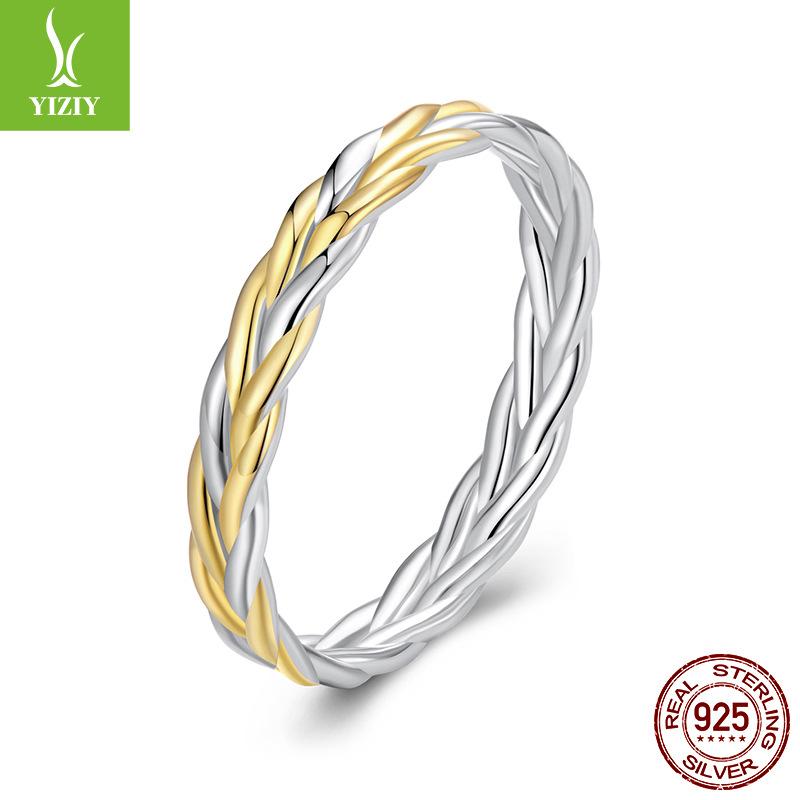 Two-Color Woven Earrings Ring S925 Sterling Silver Set, Light Luxury Color Separation Electroplated Jewelry