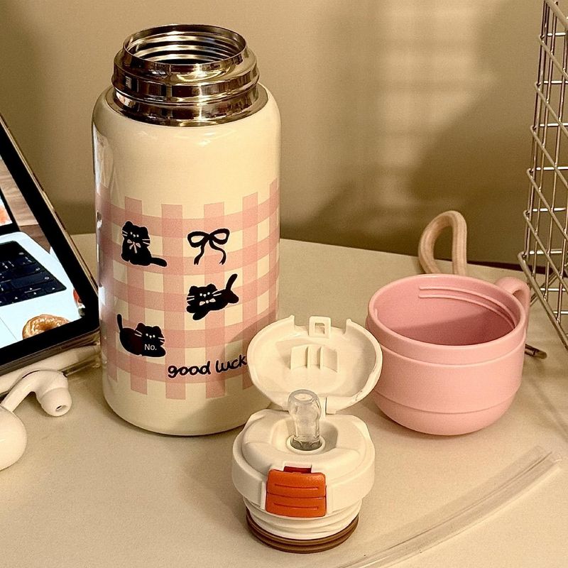 Student Cute Large Capacity Vacuum Cup Girl Good-looking Water Cup with Straw 316 Stainless Steel Double Drink Cup Satchel