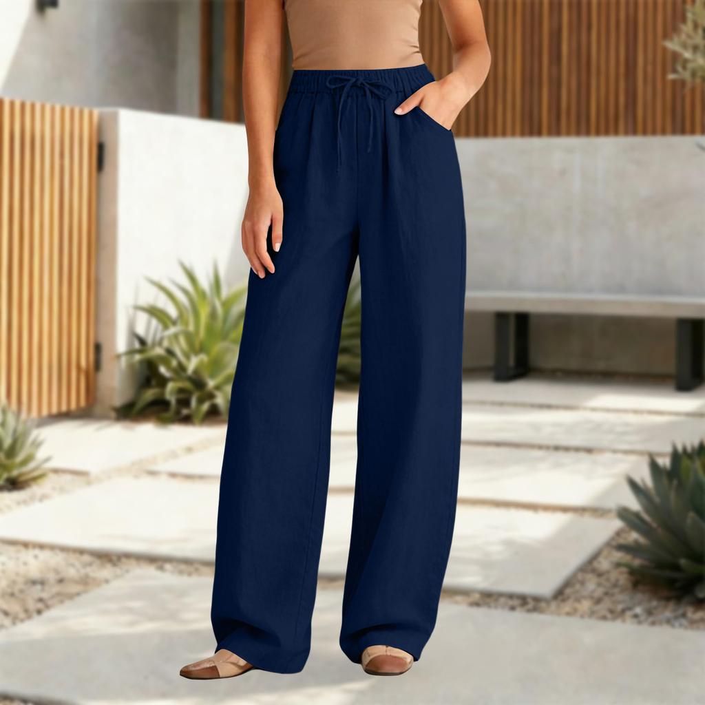 Women's Casual Relaxed Fit High-Waisted Belted Pocket Cotton-Linen Blend Trousers