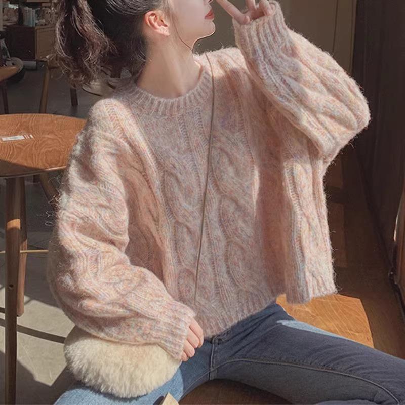 Women S Pink Short Loose Lazy Knit Sweater For Autumn Winter