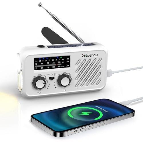 Greeshow Emergency Solar Hand Crank Radio AM/FM/SW with LED Flashlight SOS Alarm 2000mAh Power Bank