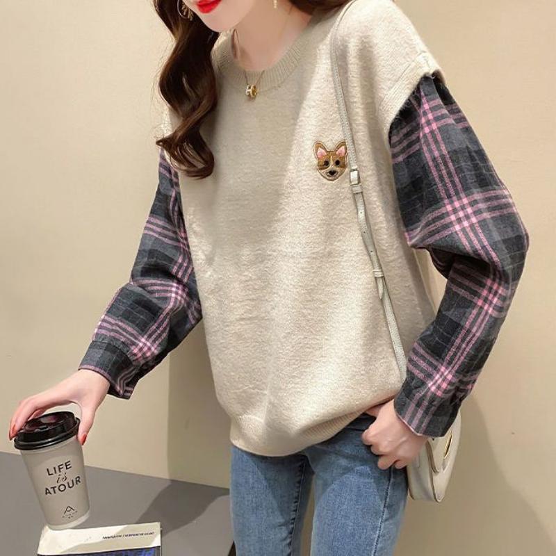 

Поддельные два свитера, женская весенняя одежда, свободная одежда, универсальный пуловер, трикотаж, весенне-осенний топ 2XL бежевый