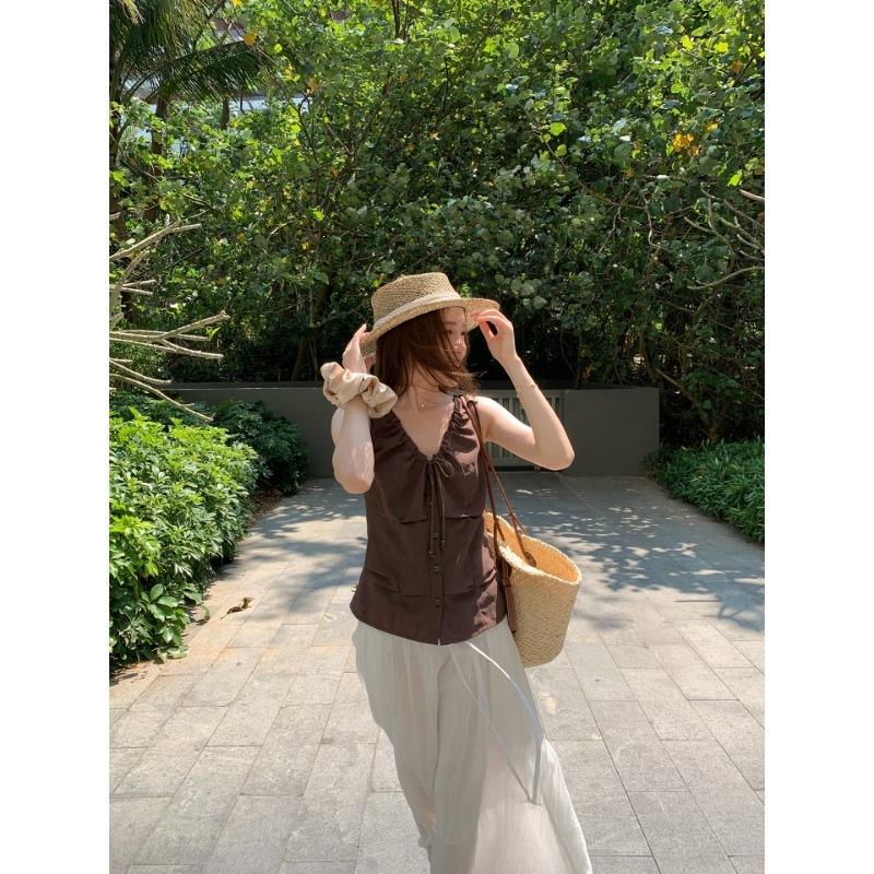 [Original quality + inner lining] American retro Spice Girl collar vest, suspender, sleeveless summer drawstring beaded top