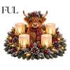 Christmas Party Supplies Lighted Highland Cow Table Centerpiece, Resin Flickering LED Flameless Candles, Frosted Pinecone Displays Pine Red