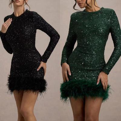 Damen Minikleid mit Pailletten und Federbesatz, langärmelig, sexy, glänzend, figurbetontes Kleid, funkelndes Cocktailkleid für Geburtstagspartys und Clubabende