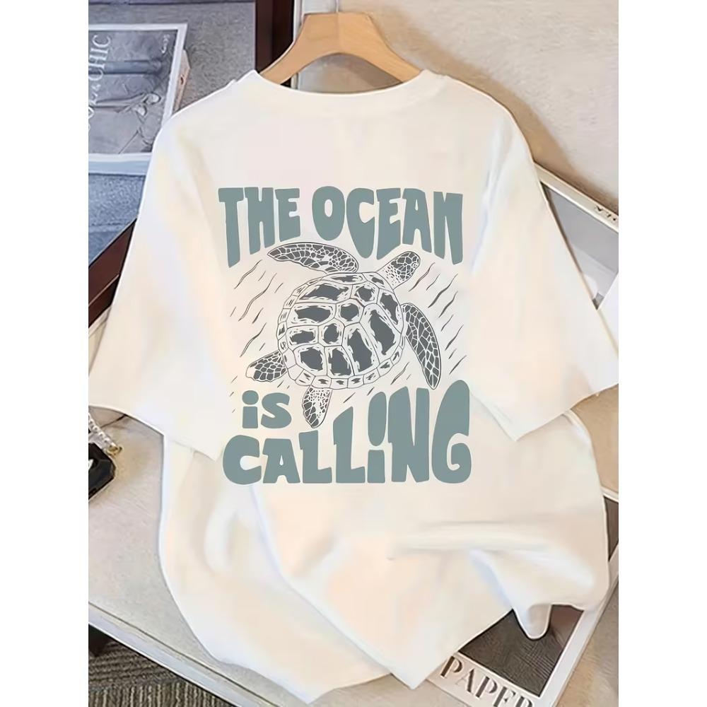 Letter Sea Turtle Print T-Shirt Ocean Sea Turtle Coral Graphic Women's Oversized Crew Neck Casual Tee for Daily Wear