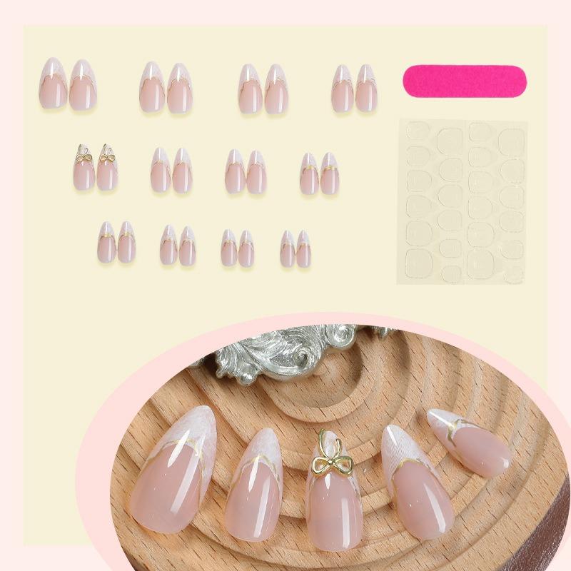 24 Uds. Puntas de Uñas Francesas Cortas Hechas a Mano Set de Manicura Uñas Postizas Adornadas con Línea Dorada y Circonita