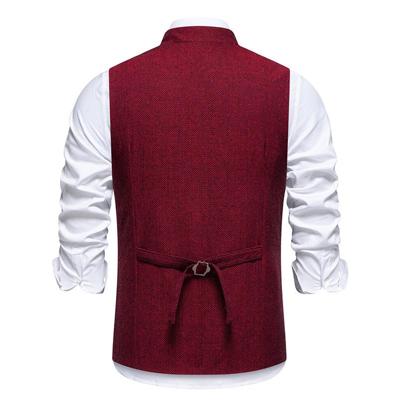 Autumn British Style Retro Vest For Men Fashion Stand Collar Herringbone Coarse Tweed Suit Vest Waistcoat Vintage Gentleman