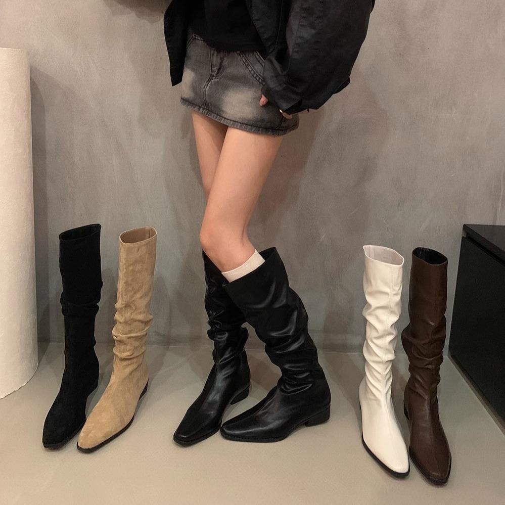 French Retro Brown Pile Boots Western Boots Early Autumn Small Khaki Boots Thick Heel High Boots Women's Boots