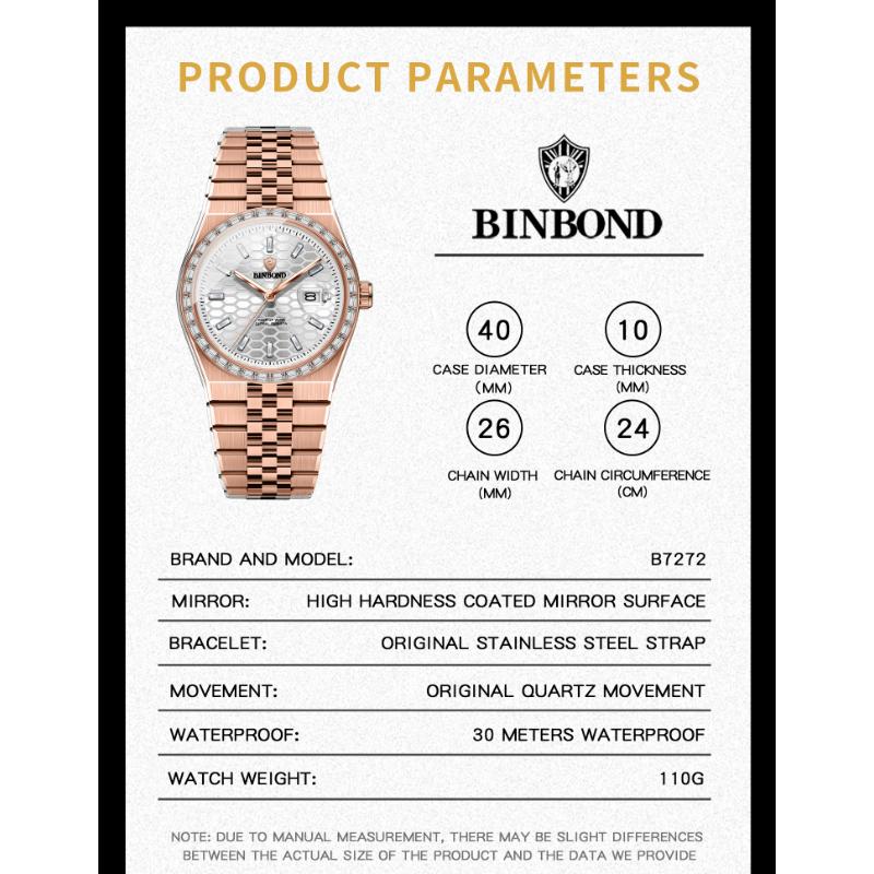 BINBOND Top Luxury Men's Quartz Watch Men's Diamond Watch Waterproof Night Light Date Week Stainless Steel Watch