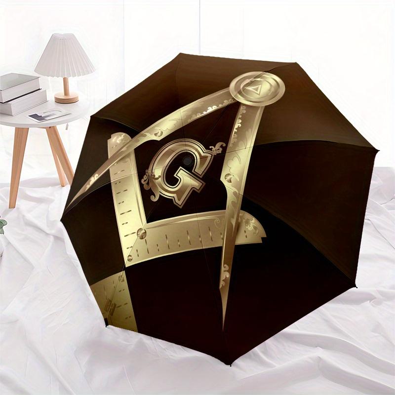 Golden Masonic Square and Compasses Symbol Umbrella, Portable 3-Fold Umbrella for Men & Women, Valentine's Day
