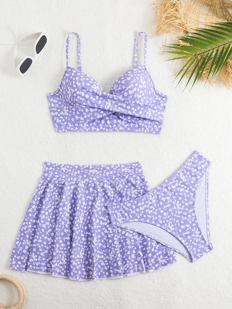 European & American Print Style Three-Piece Bikini Swimsuit Set for Women - 2026 Trend
