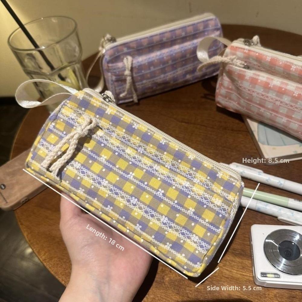 Large Capacity Stationery Pouch Plaid Pattern Pen Bag Stylish Plaid Pencil Case  Makeup Storage