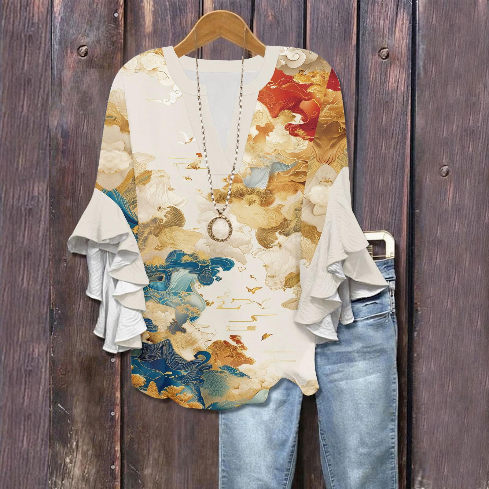 

3/4 Sleeve Shirts For Women Cute Print Graphic Tees Blouses Casual Plus Size Basic Ruffled Sleeve Tops Pullover S жовтий