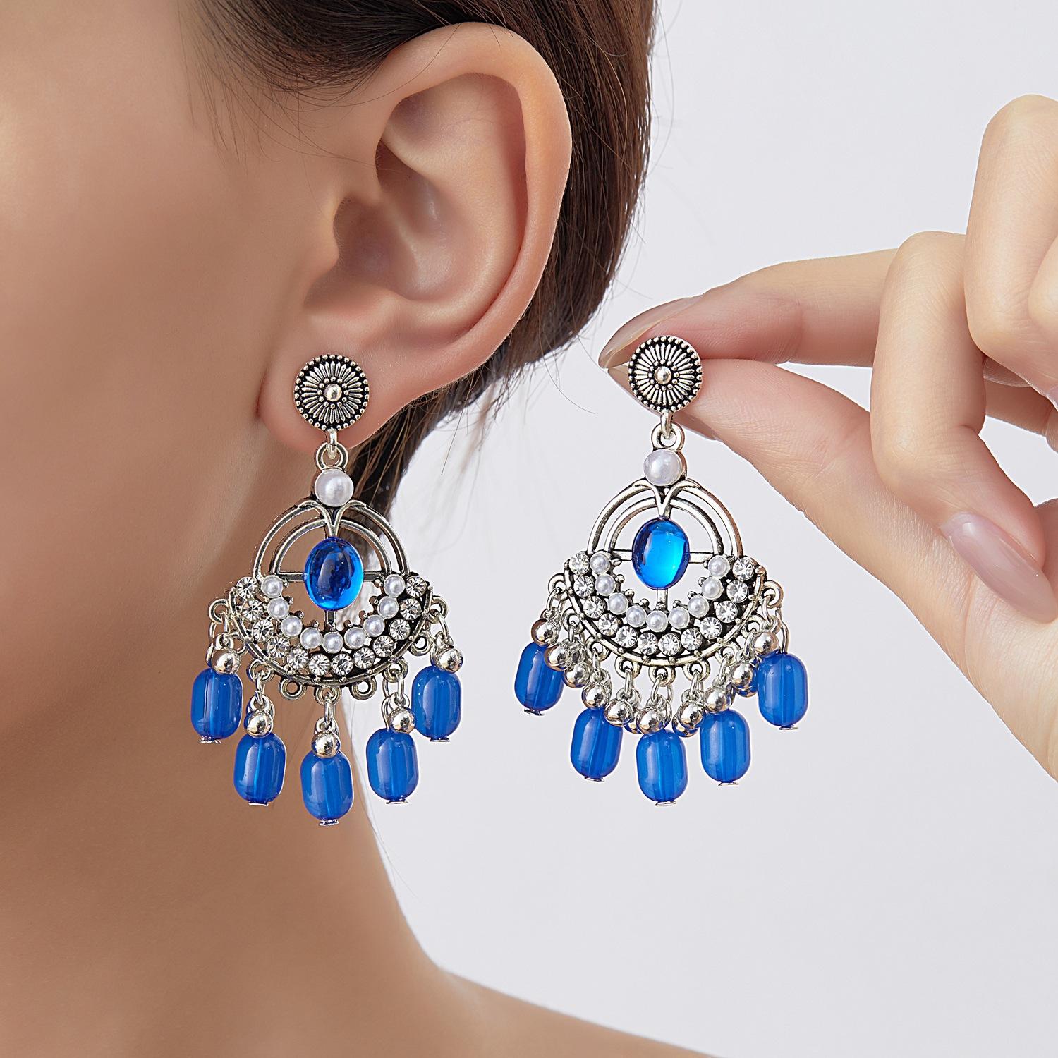 Retro Ethnic Style Rhinestone Tassel Earrings for Women , Nepal Fashion Dangle Earrings , Classic Elegant Drop Earrings синий