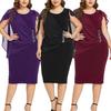 Women Solid Color O Neck Sleeveless Chiffon Asymmetrical Tippet Plus Size Dress